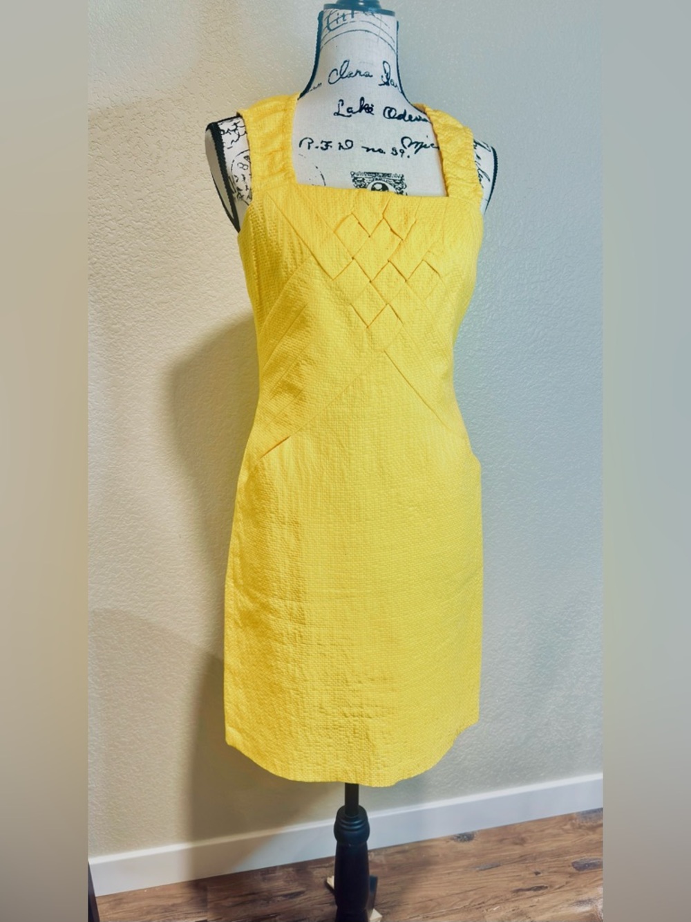Summer Textured Yellow Square Neck Sheath Dress | Criss-Cross Bodice Detail